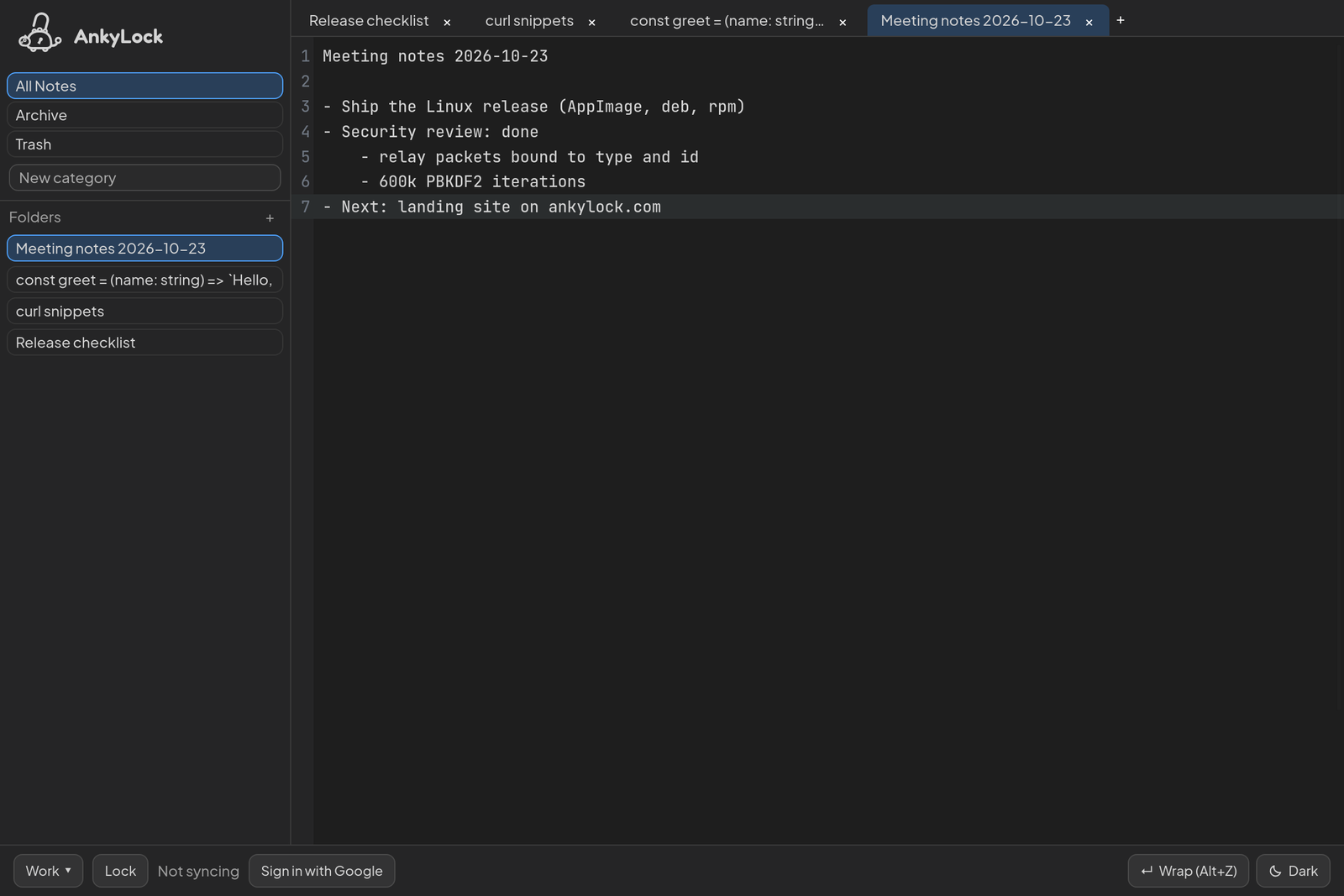The AnkyLock workspace in the dark theme: folders on the left, a note open in the editor.